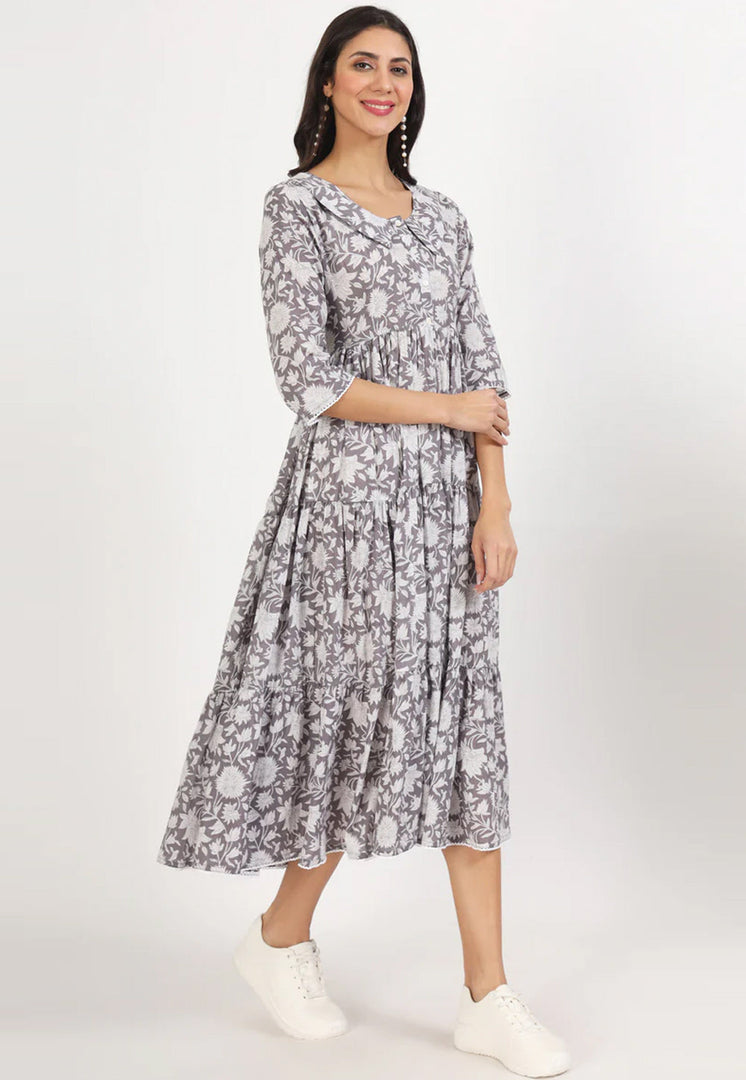 Grey Cotton Printed Gown