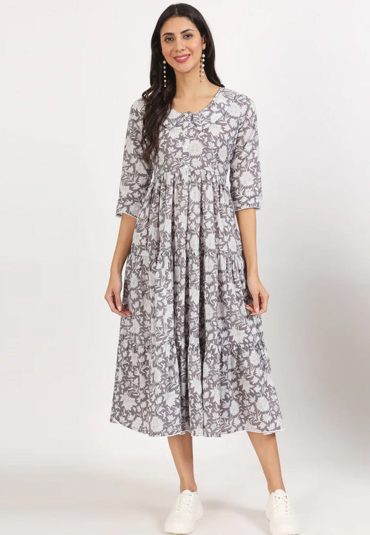 Grey Cotton Printed Gown