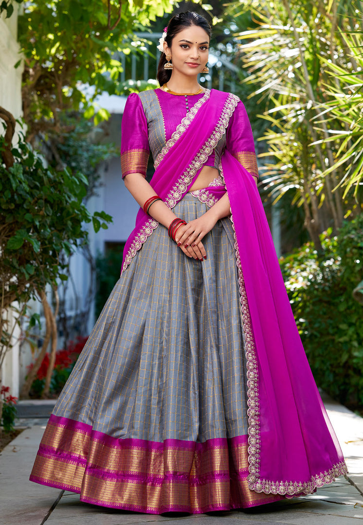 Grey Cotton Readymade Circular Lehenga Choli