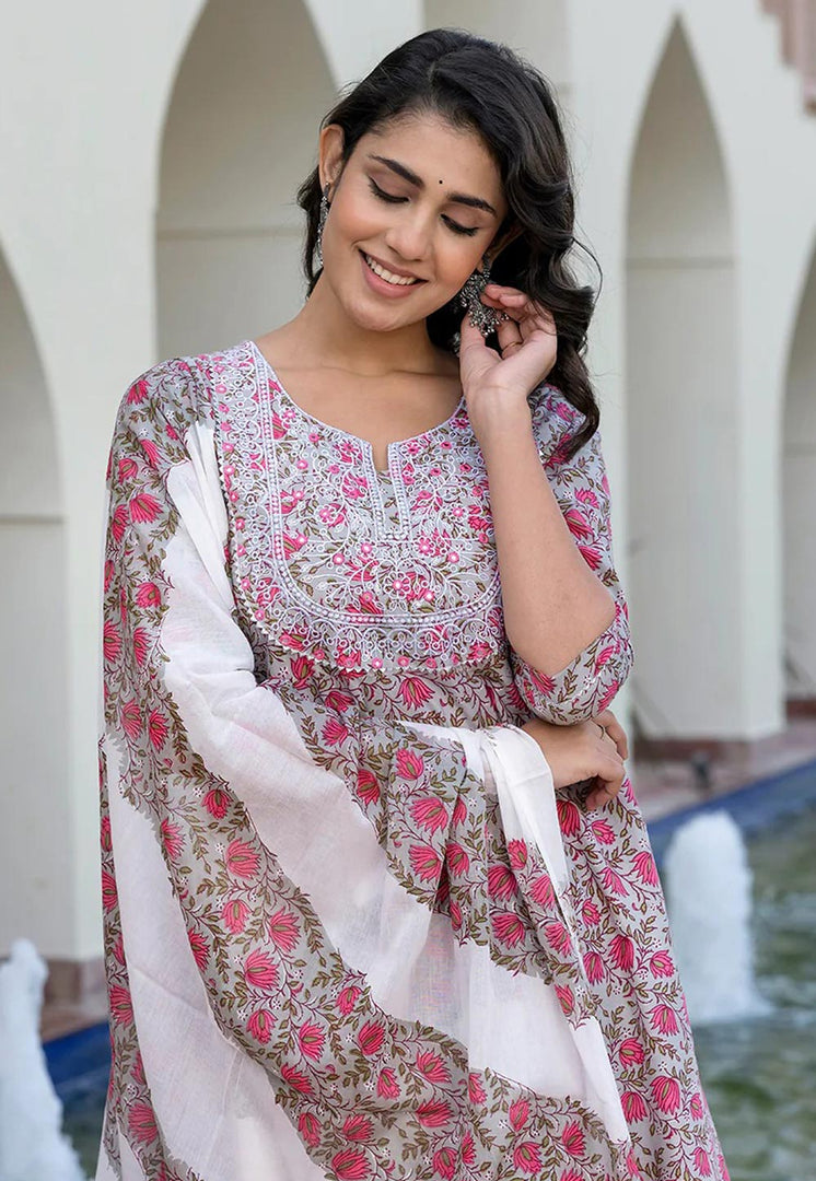 Grey Cotton Readymade Pant Style Suit