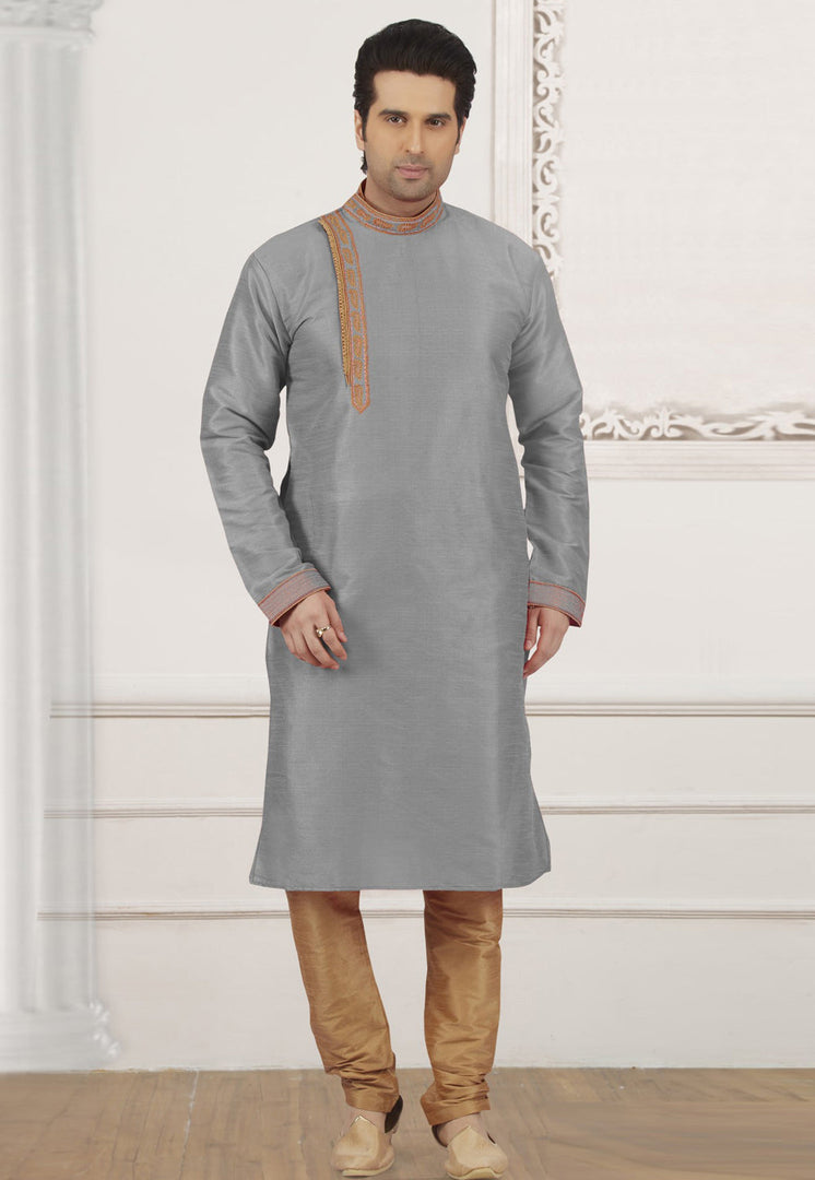 Grey Dupion Silk Kurta Pajama