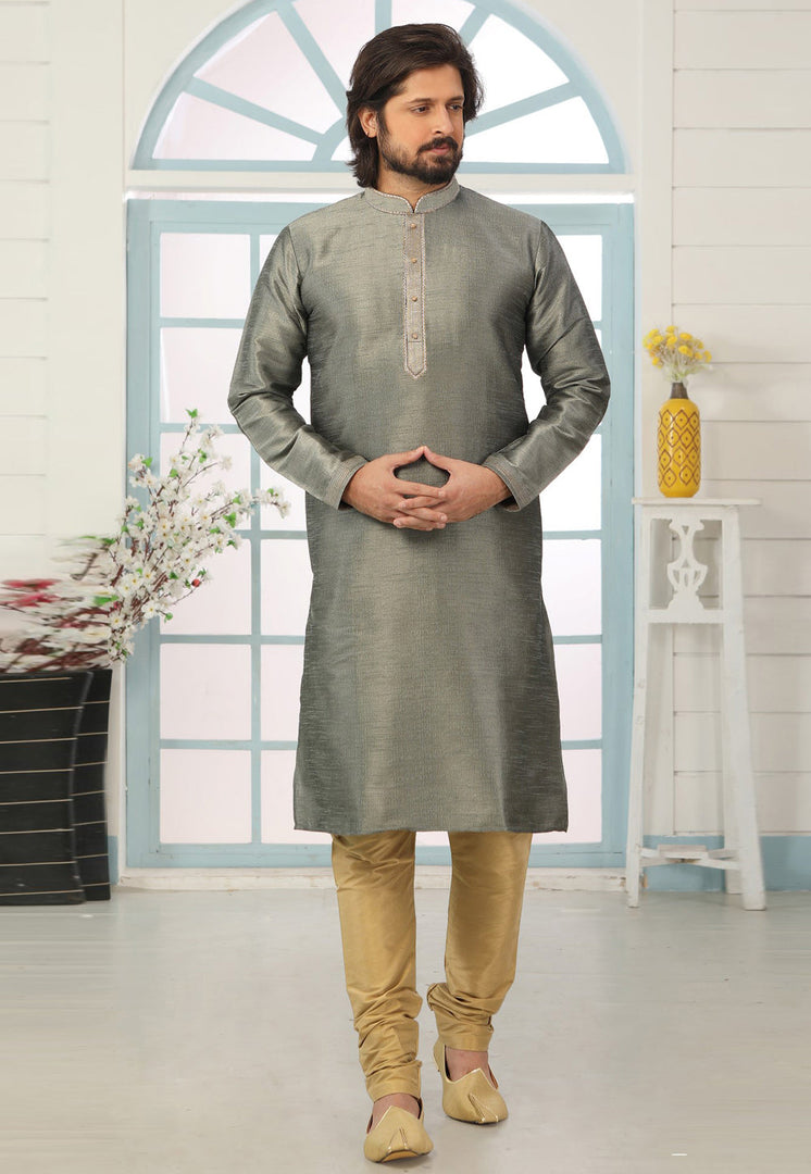 Grey Dupion Silk Kurta Pajama
