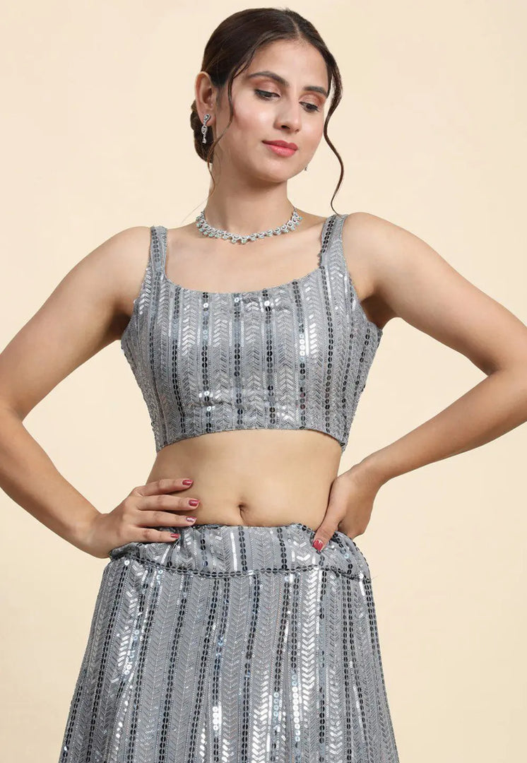 Grey Faux Georgette A Line Lehenga Choli