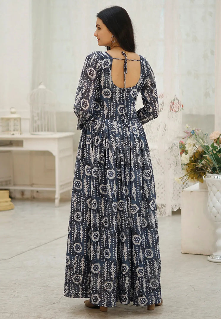 Grey Faux Georgette Printed Gown