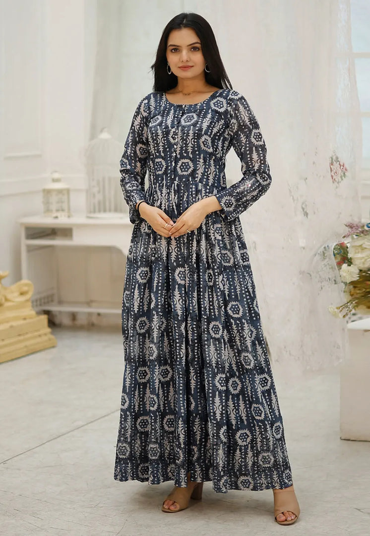 Grey Faux Georgette Printed Gown