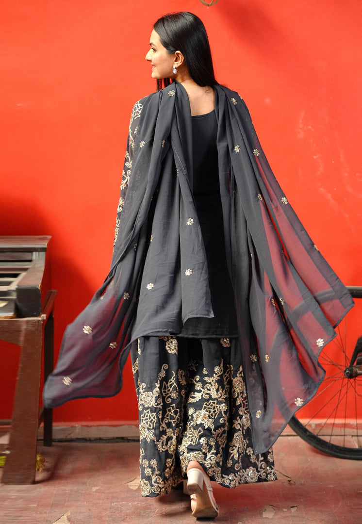 Grey Faux Georgette Readymade Gharara Suit