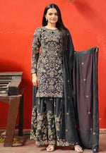Load image into Gallery viewer, Grey Faux Georgette Readymade Gharara Suit
