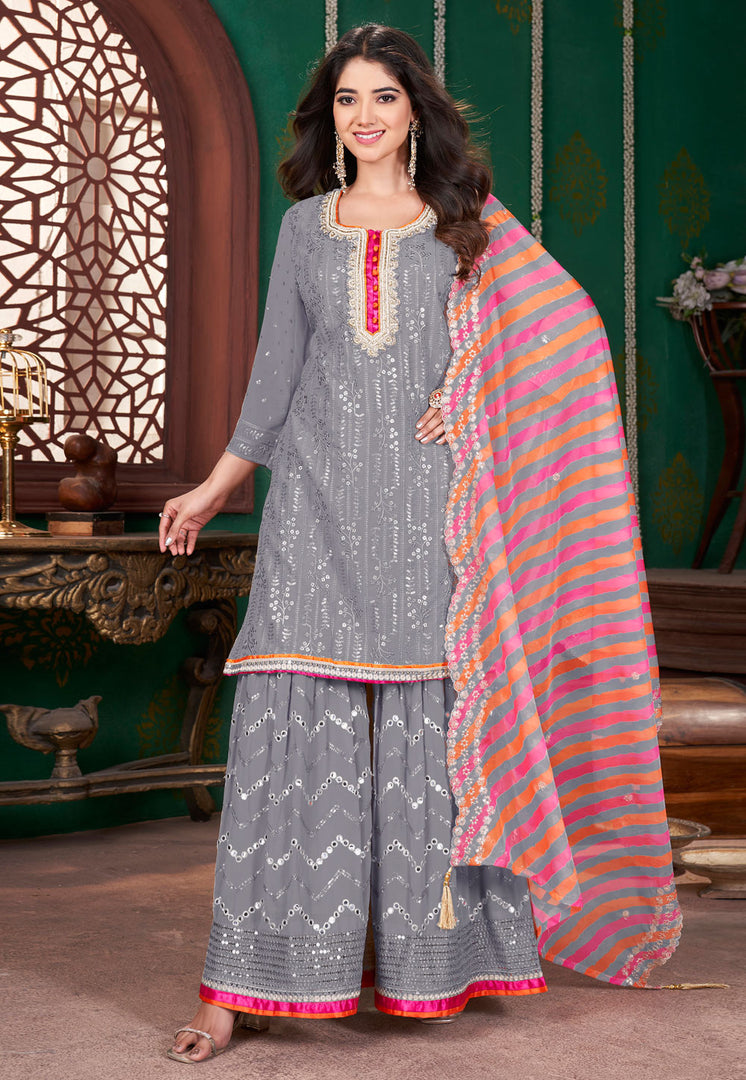 Grey Georgette Readymade Gharara Suit