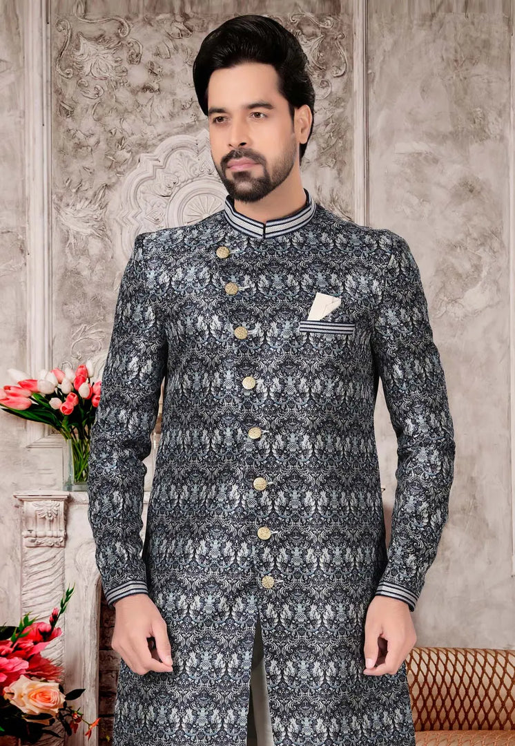 Grey Jacquard Indo Western Sherwani