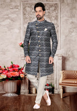 Load image into Gallery viewer, Grey Jacquard Indo Western Sherwani
