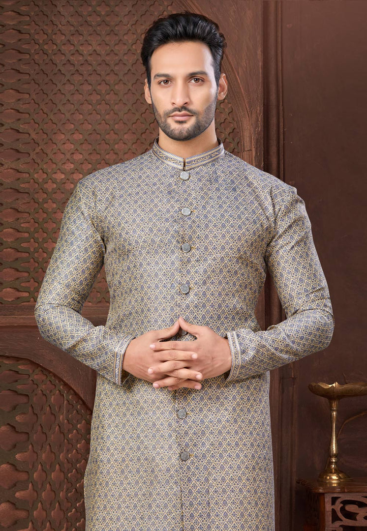Grey Jacquard Indo Western Suit