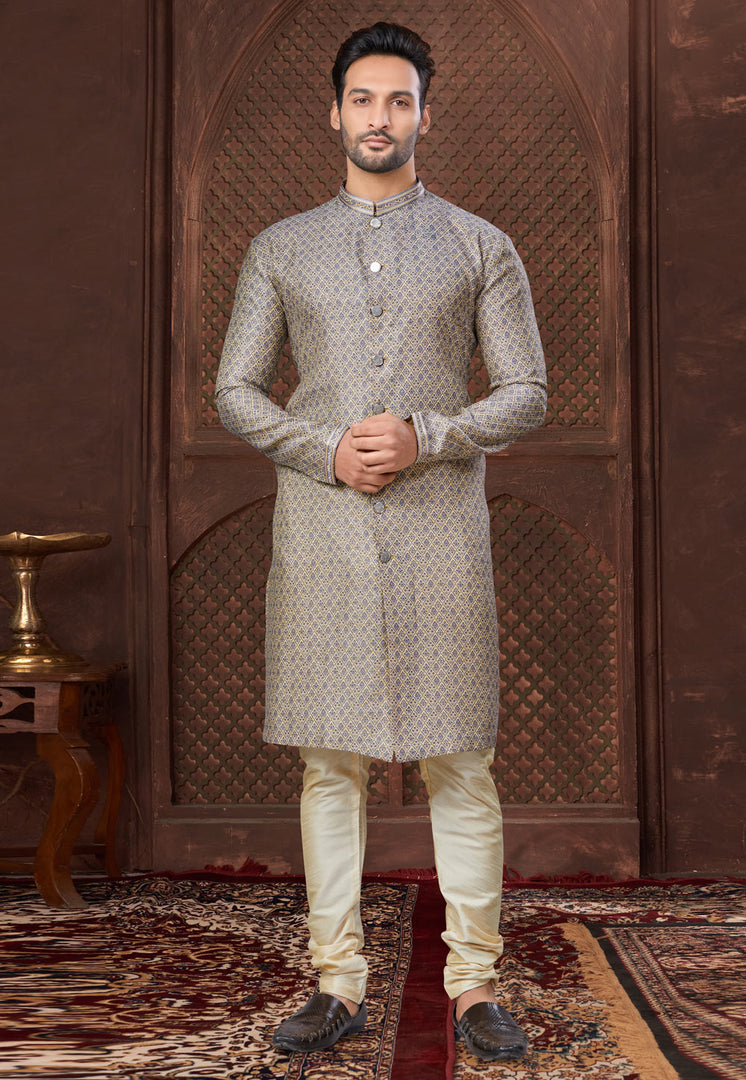 Grey Jacquard Indo Western Suit
