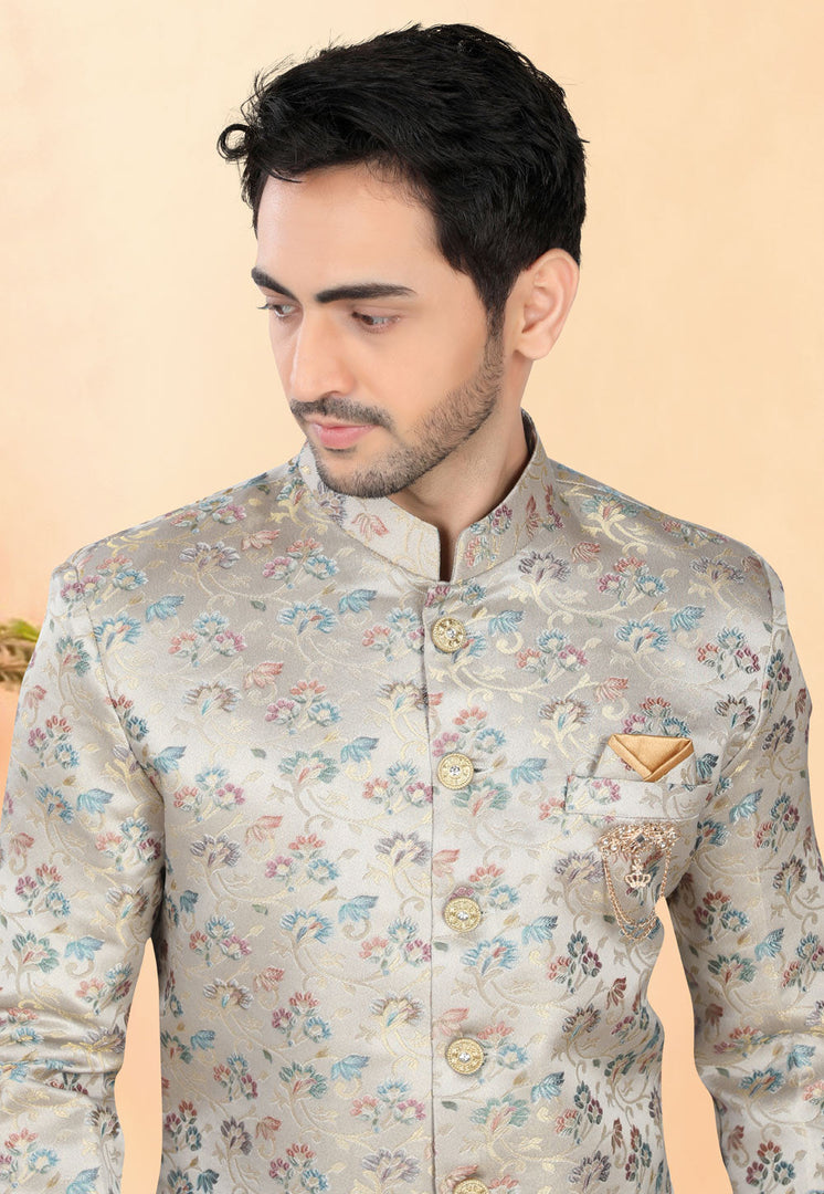 Grey Jacquard Indo Western Suit