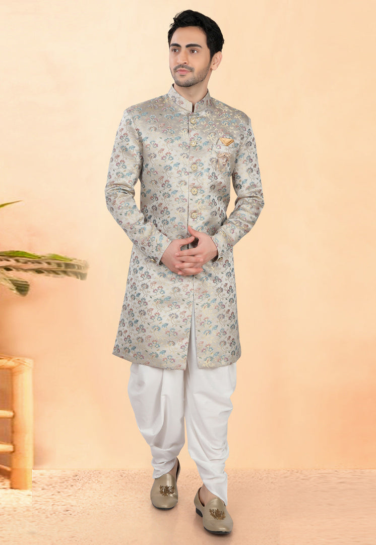 Grey Jacquard Indo Western Suit