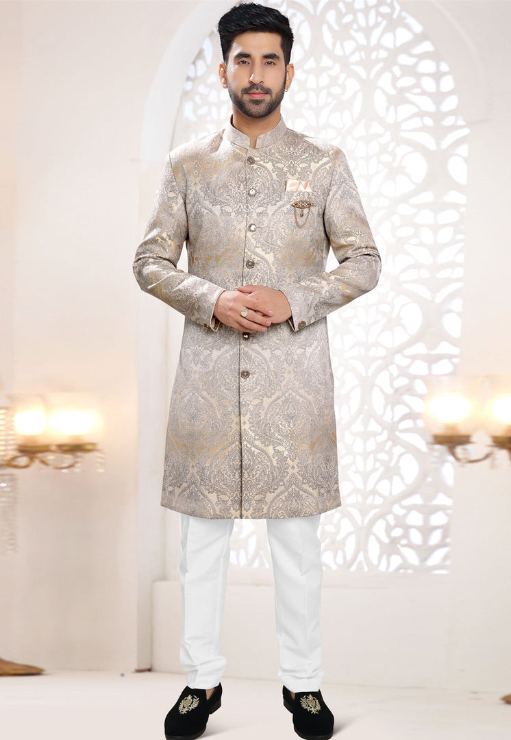 Grey Jacquard Indo Western Suit