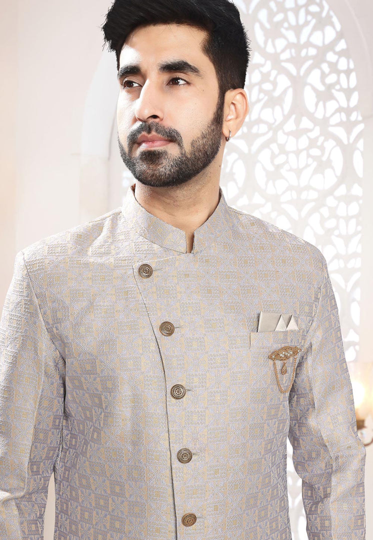Grey Jacquard Indo Western Suit