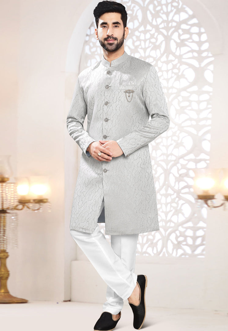 Grey Jacquard Indo Western Suit