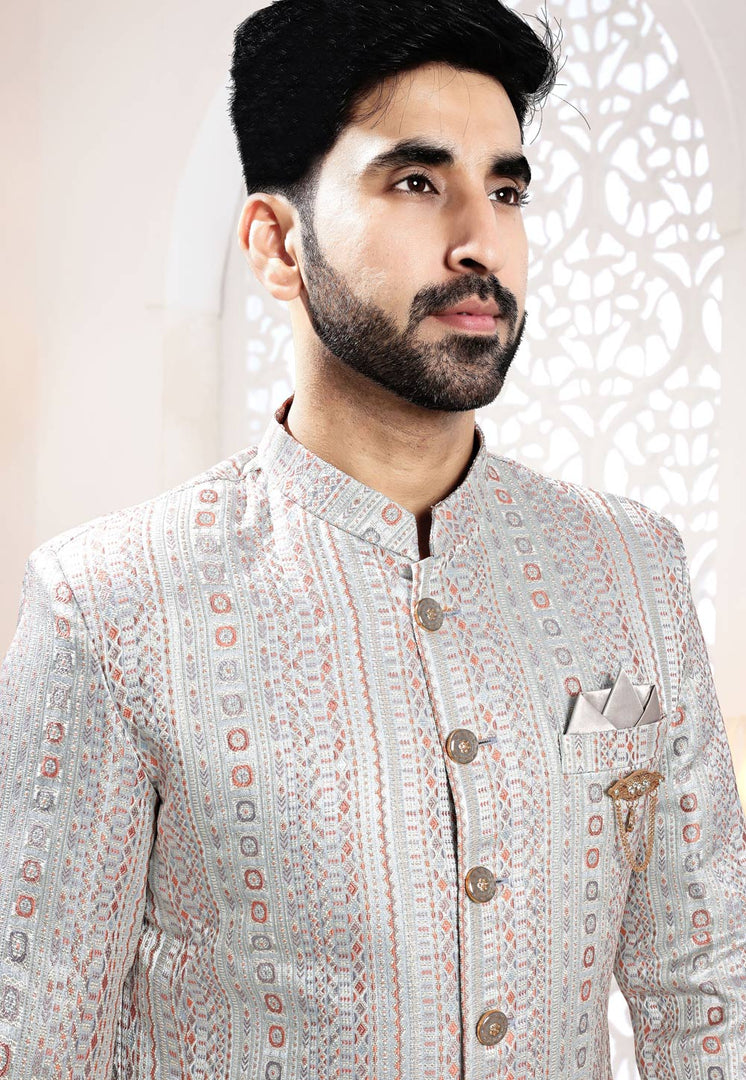 Grey Jacquard Indo Western Suit