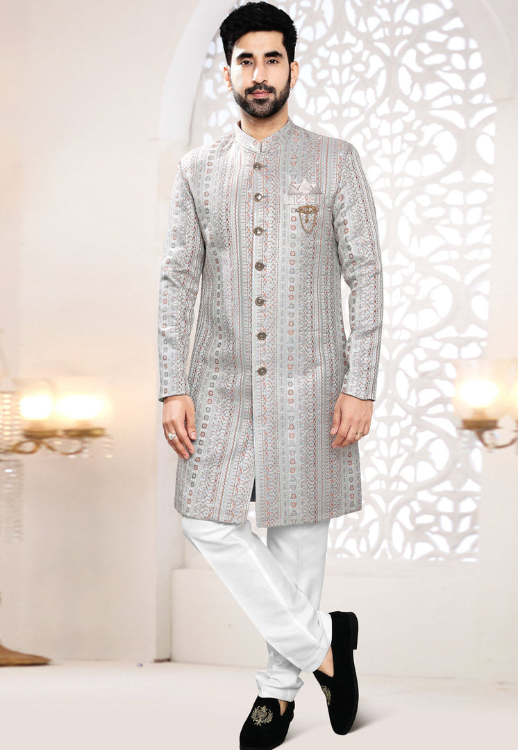 Grey Jacquard Indo Western Suit