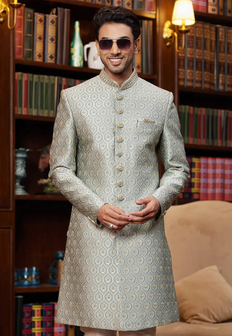 Grey Jacquard Silk Indo Western Sherwani