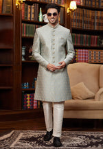 Load image into Gallery viewer, Grey Jacquard Silk Indo Western Sherwani
