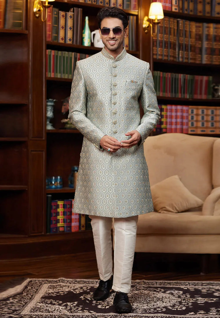 Grey Jacquard Silk Indo Western Sherwani