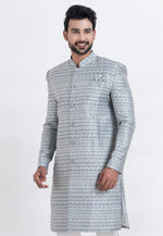 Load image into Gallery viewer, Grey Jacquard Silk Indo Western Suit
