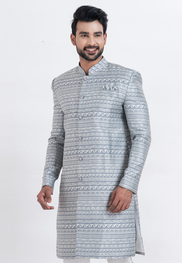 Grey Jacquard Silk Indo Western Suit