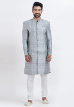 Load image into Gallery viewer, Grey Jacquard Silk Indo Western Suit
