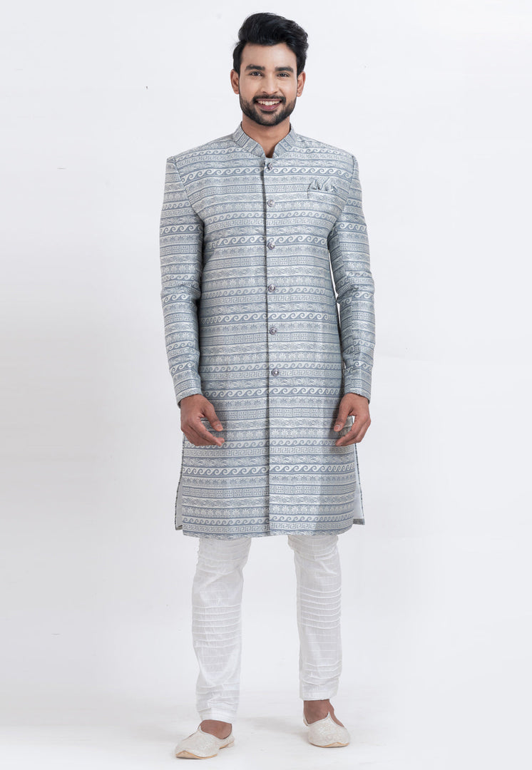 Grey Jacquard Silk Indo Western Suit