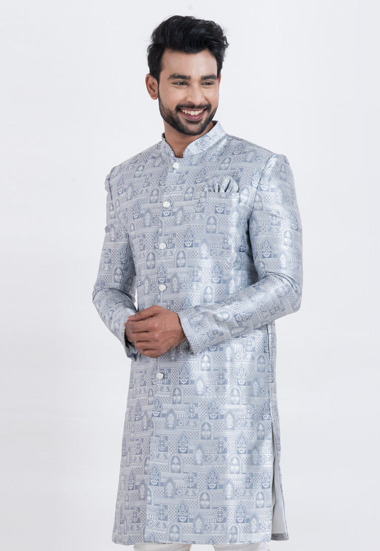 Grey Jacquard Silk Indo Western Suit