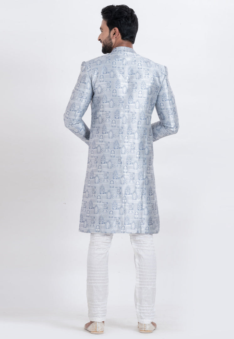 Grey Jacquard Silk Indo Western Suit