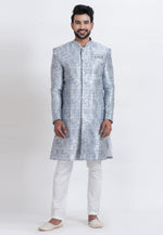 Load image into Gallery viewer, Grey Jacquard Silk Indo Western Suit
