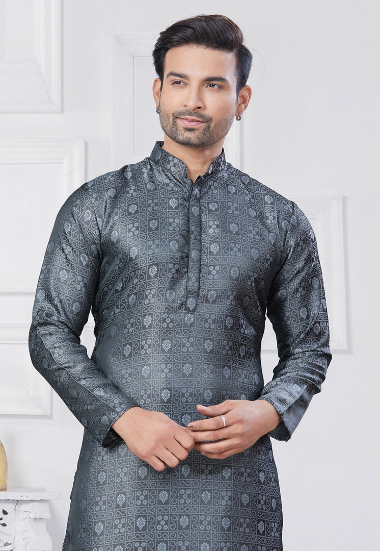 Grey Jacquard Silk Pathani Suit