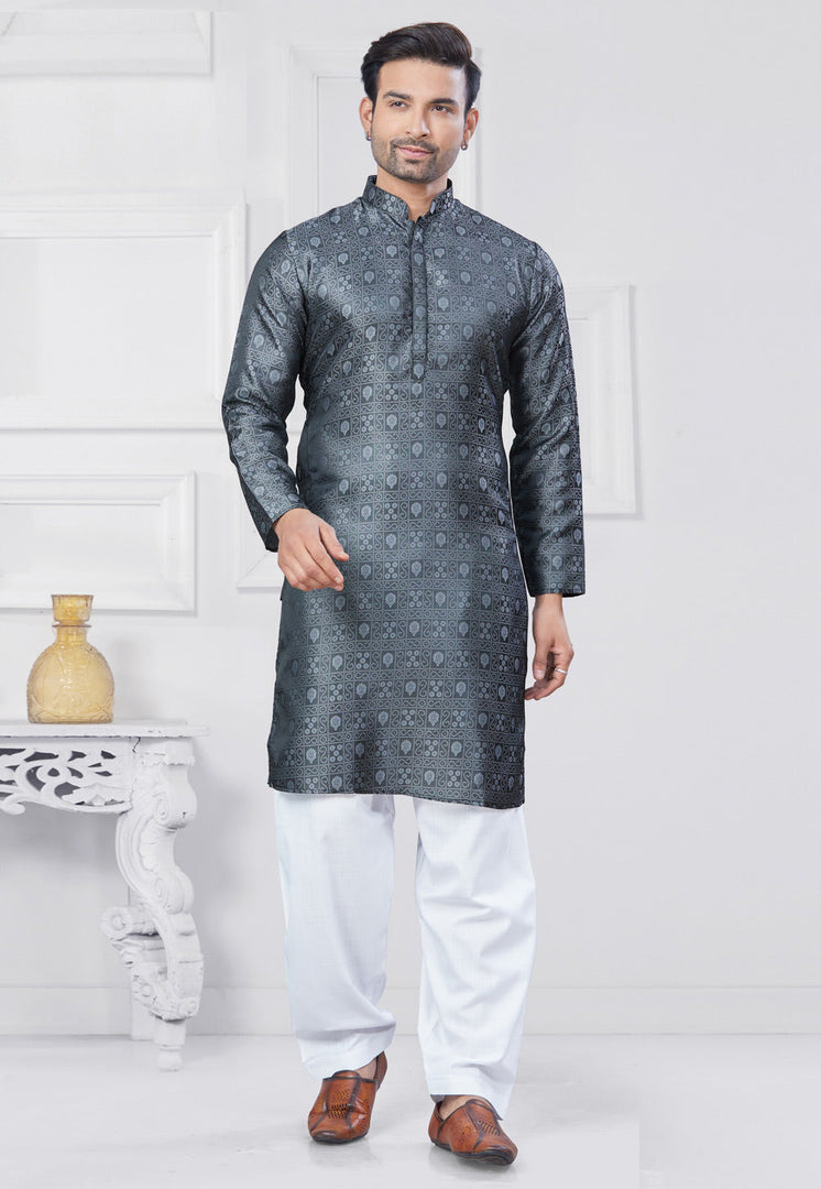 Grey Jacquard Silk Pathani Suit