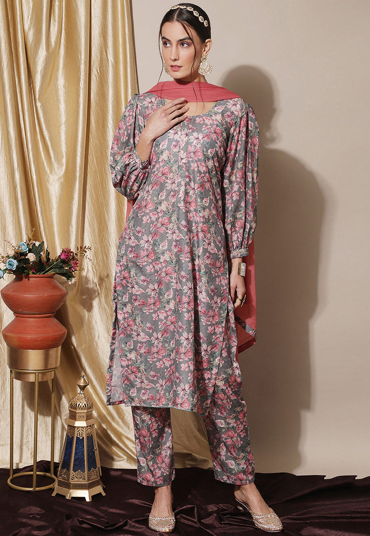 Grey Muslin Pakistani Suit