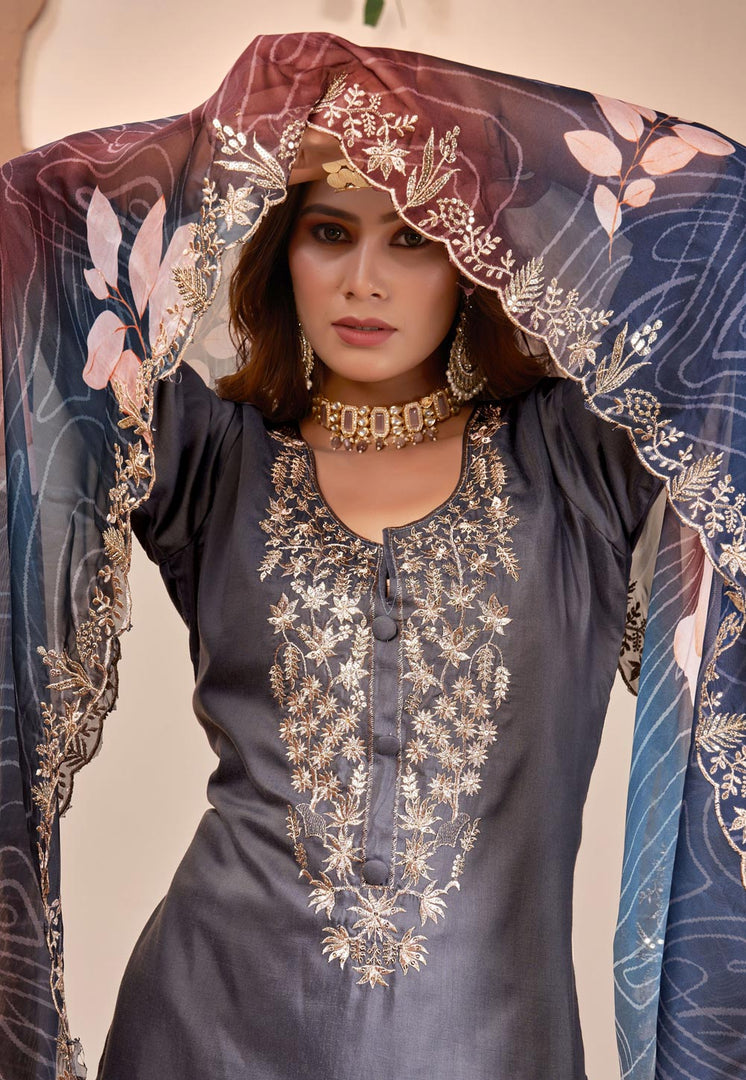 Grey Muslin Pakistani Suit