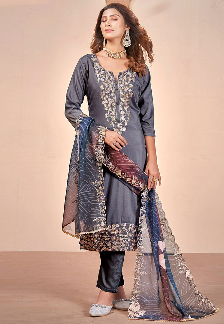 Grey Muslin Pakistani Suit