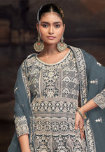 Load image into Gallery viewer, Grey Net Embroidered Long Anarkali Suit
