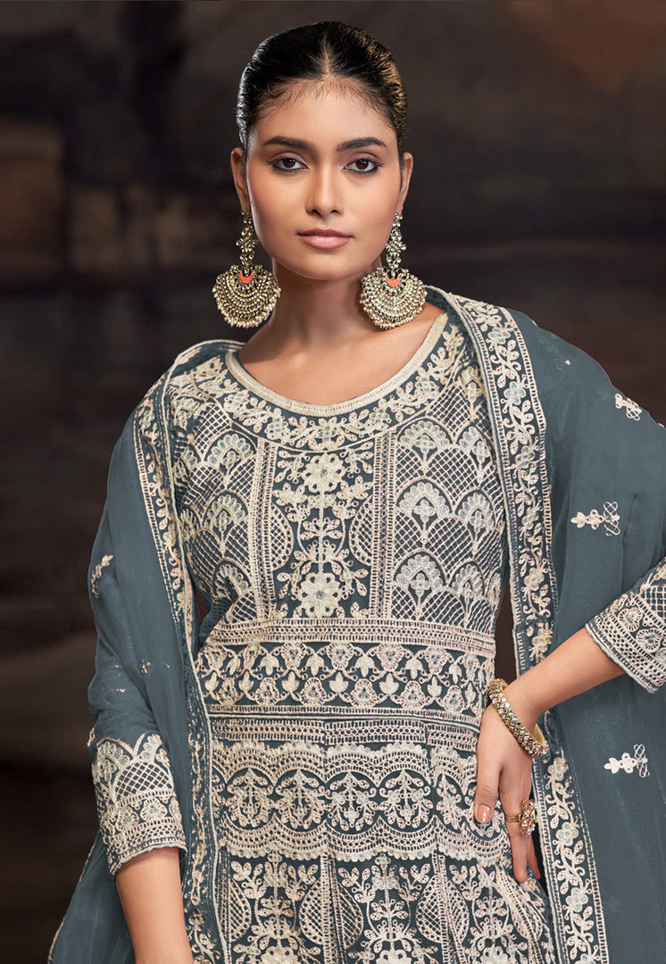 Grey Net Embroidered Long Anarkali Suit