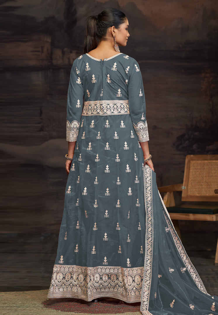 Grey Net Embroidered Long Anarkali Suit