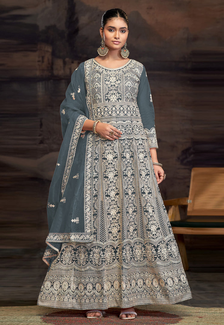 Grey Net Embroidered Long Anarkali Suit