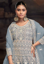 Load image into Gallery viewer, Grey Net Embroidered Long Anarkali Suit
