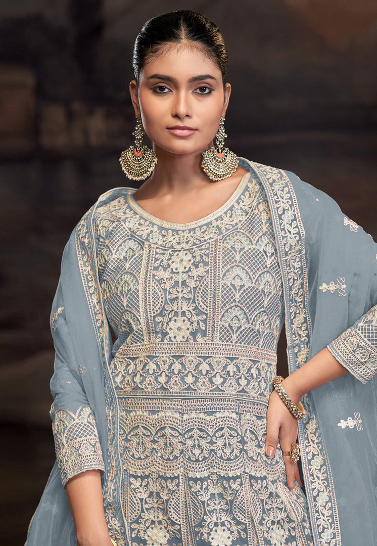 Grey Net Embroidered Long Anarkali Suit