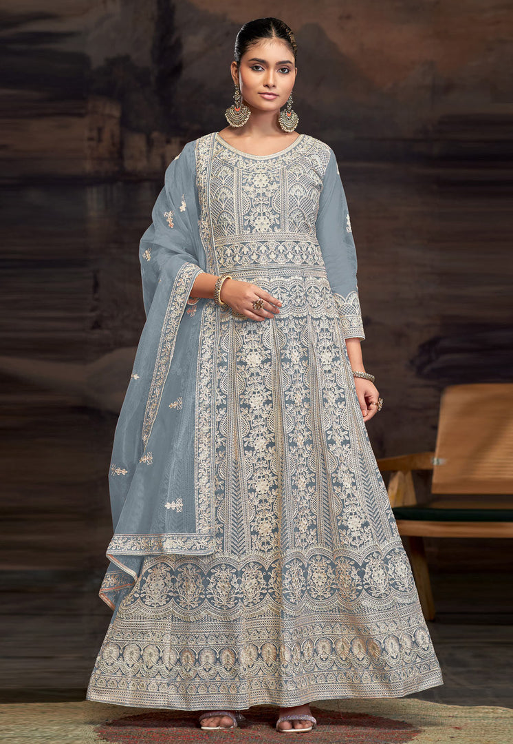 Grey Net Embroidered Long Anarkali Suit