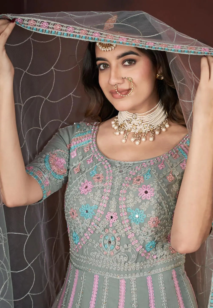 Grey Net Embroidered Readymade Anarkali Suit