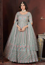 Load image into Gallery viewer, Grey Net Embroidered Readymade Anarkali Suit
