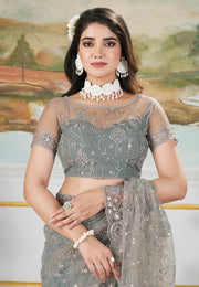 Grey Net Saree With Blouse