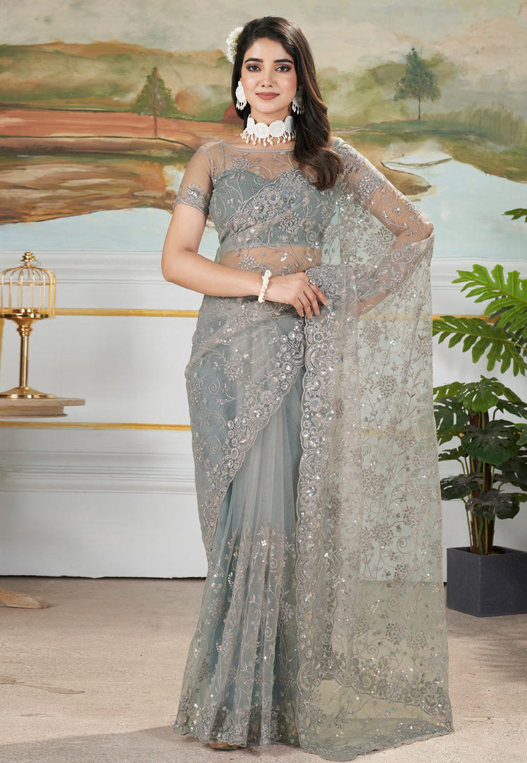 Grey Net Saree With Blouse