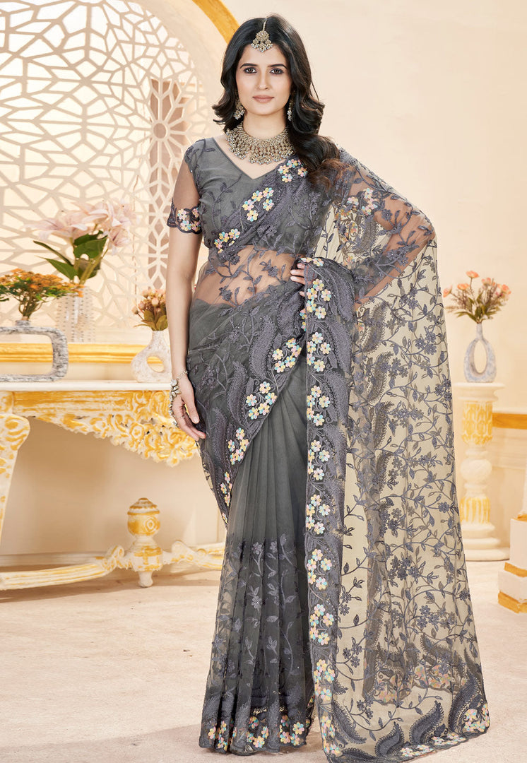Grey Net Saree With Blouse